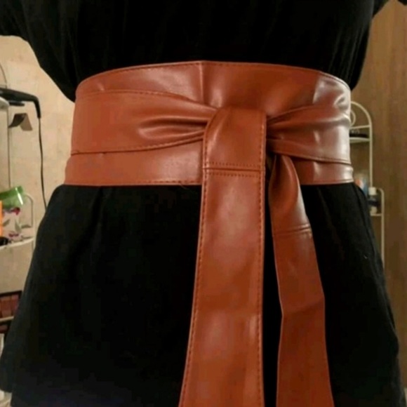 Plus size brown faux leather corset wide waist boho cinch obi belt - Picture 2 of 11
